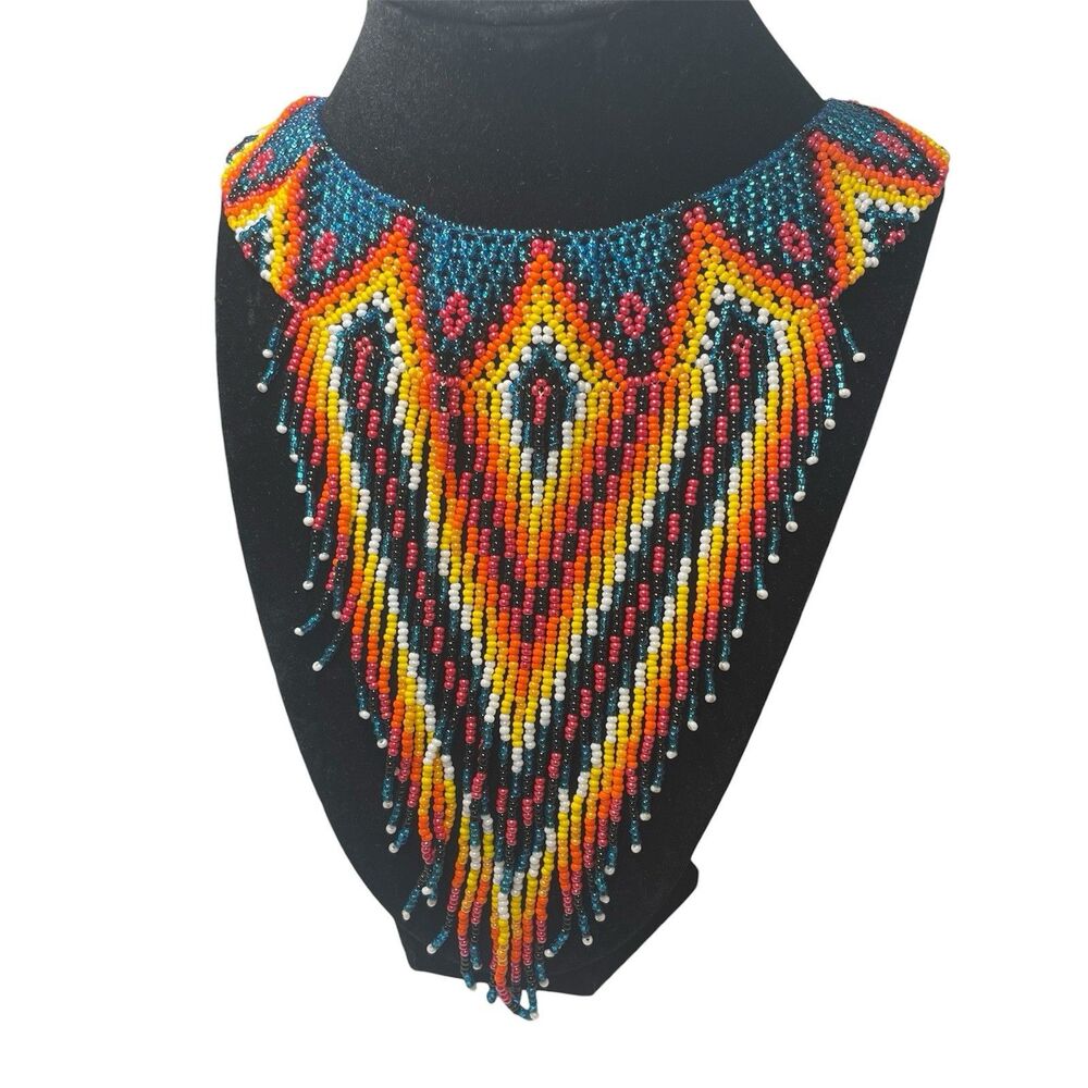 Handmade Seed Bead Fringe Necklace Tribal Native Style Statement Bib Colorful
